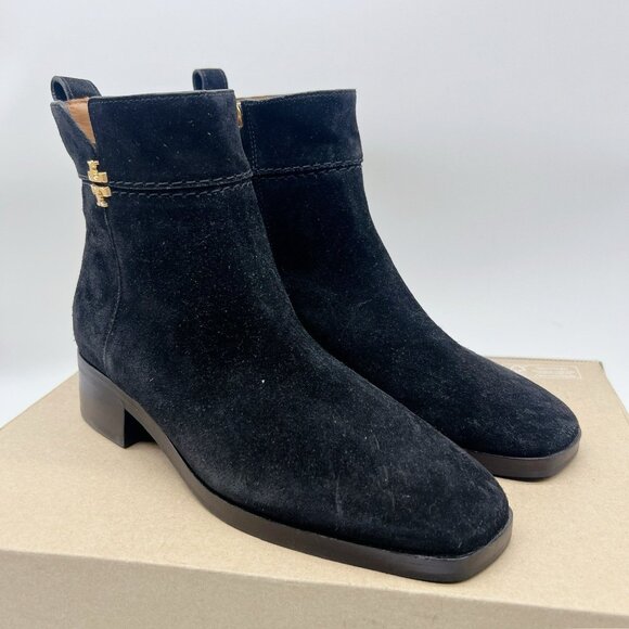 TORY BURCH Everly Ankle Boots Gold Logo Black Suede Side Zip US 8 $438 - Picture 4 of 12
